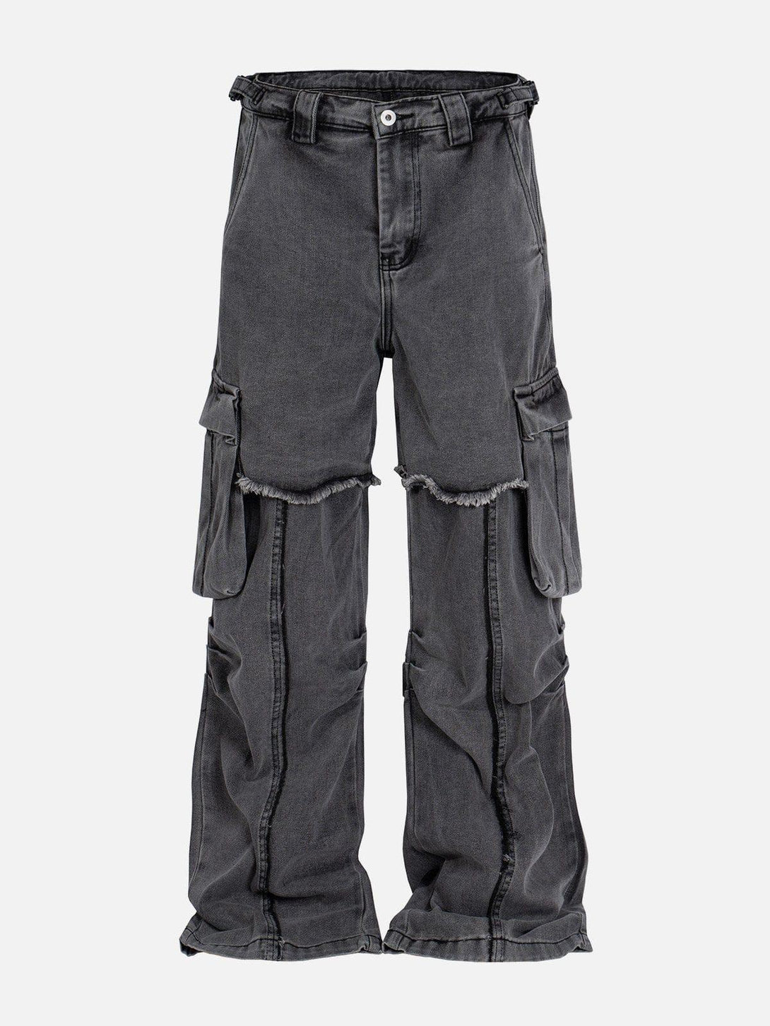 Front view of dark gray deconstruct fringe big pocket jeans by TALISHKO, perfect for urban style.