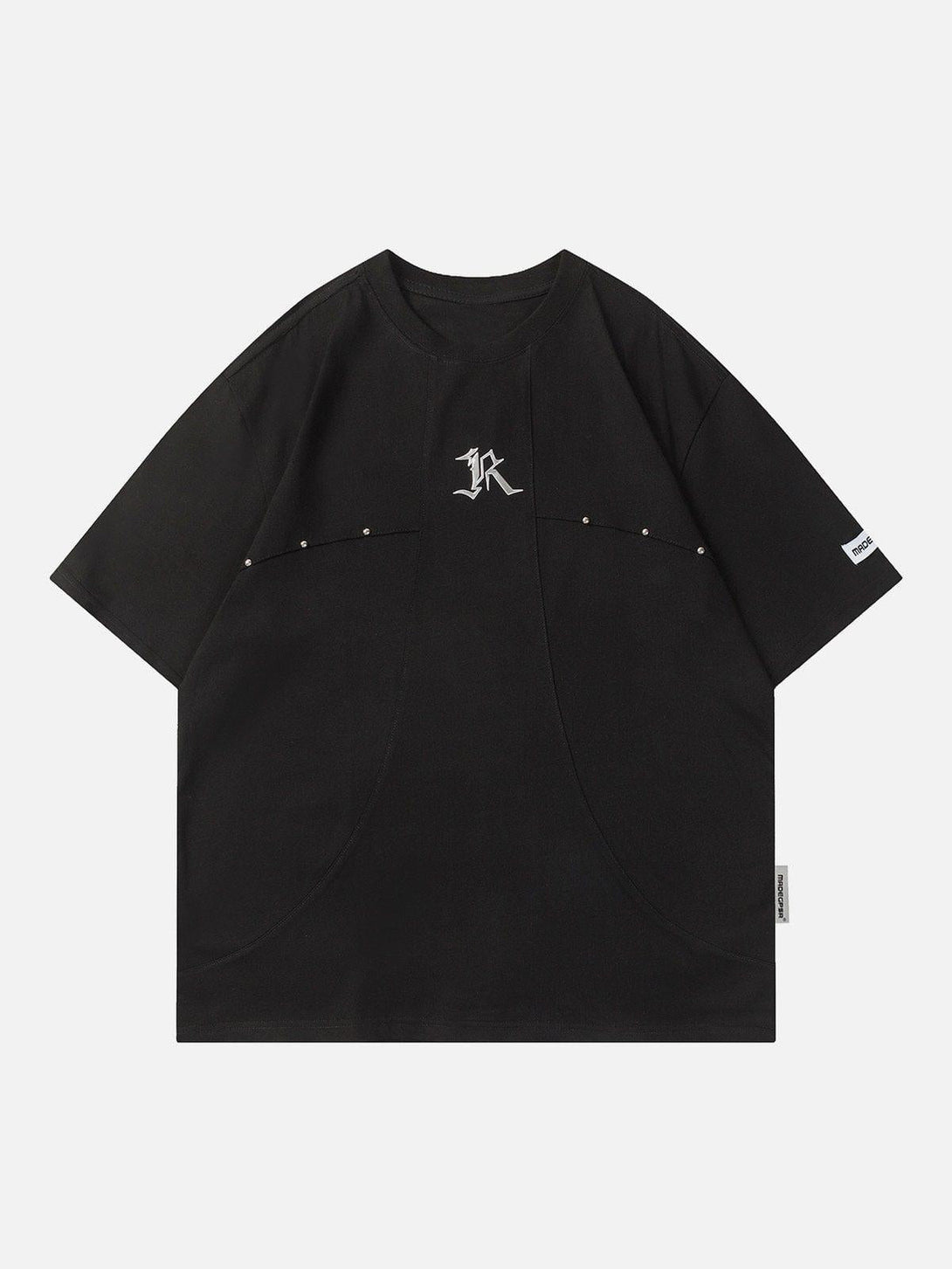 Front view of black Deconstruct Rivet Tee by TALISHKO, showcasing unique rivet detailing.