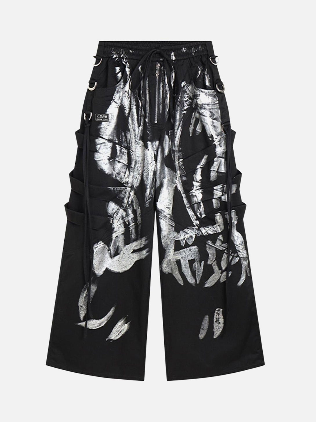 Front view of TALISHKO's black drawstring pants with brushed silver ribbon detailing, perfect for urban style.