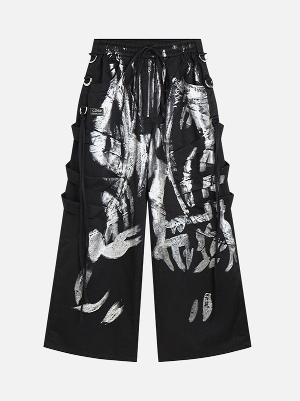 Front view of TALISHKO's black drawstring pants with brushed silver ribbon detailing, perfect for urban style.