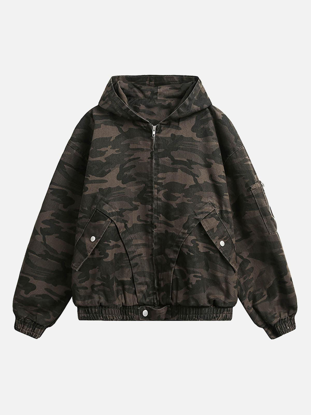 Front view of a camouflage hooded jacket by TALISHKO, showcasing a deconstructed workwear style.