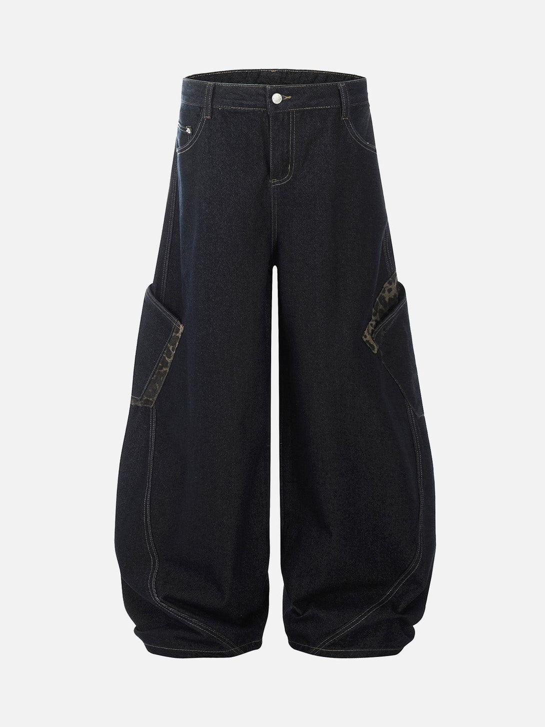 Front view of dark blue baggy barrel jeans with cheetah print pockets by TALISHKO.