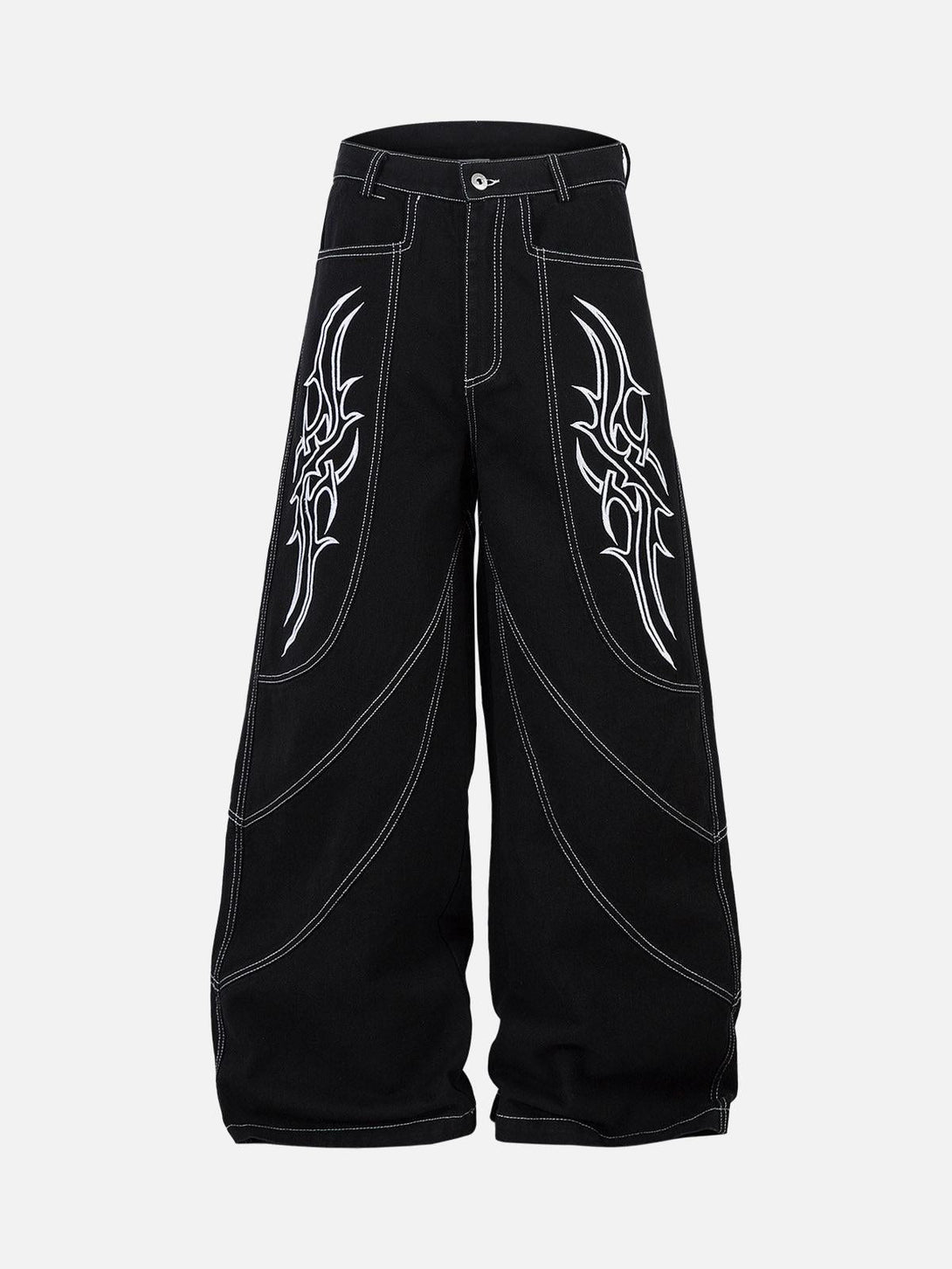 Front view of black baggy jeans with bold embroidery by TALISHKO, perfect for urban style.