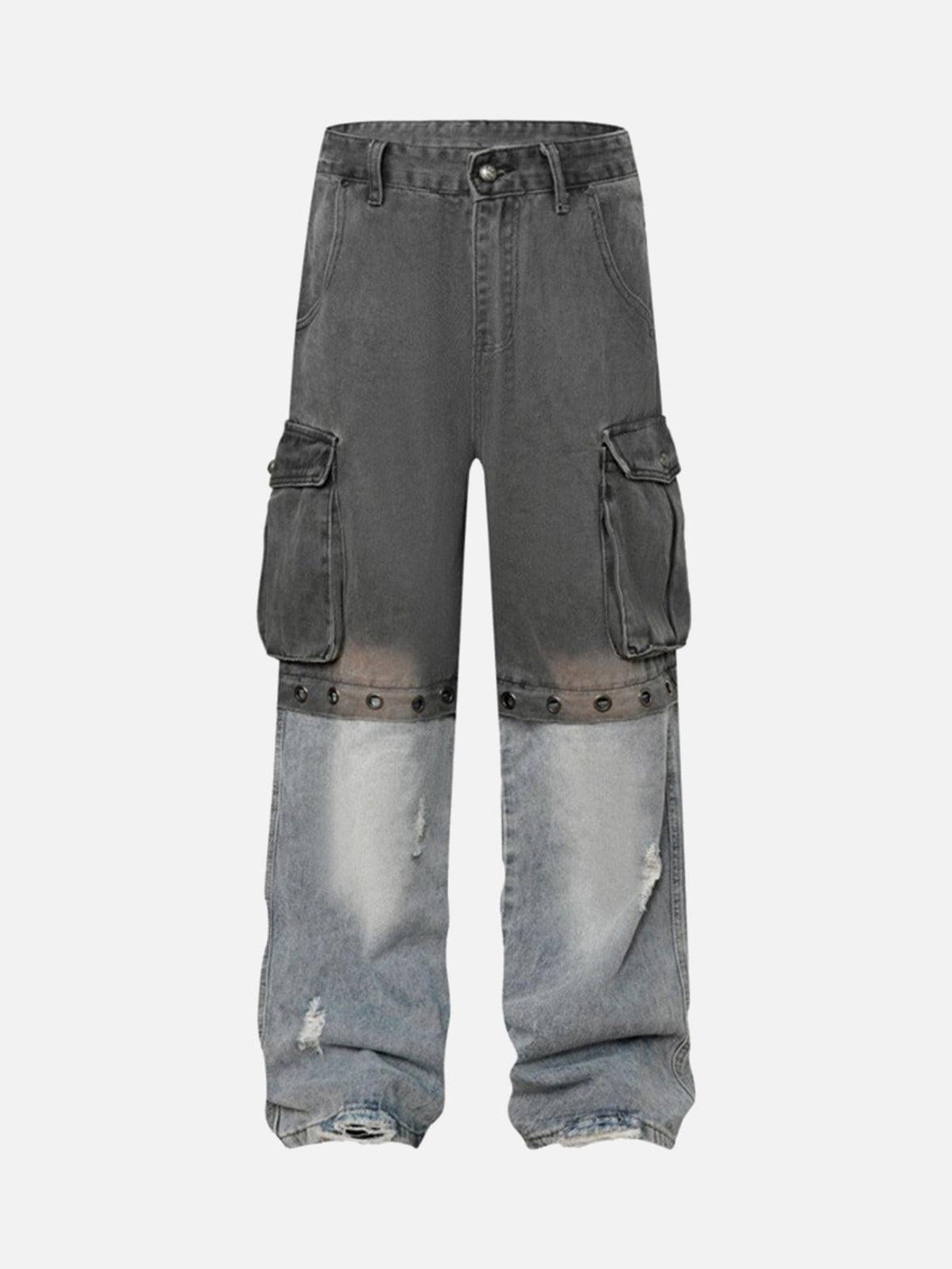Front view of TALISHKO deconstructed cargo jeans in light blue, featuring detachable sections.