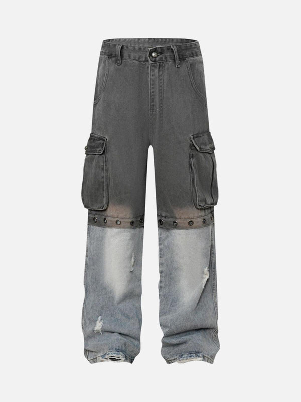 Front view of TALISHKO deconstructed cargo jeans in light blue, featuring detachable sections.