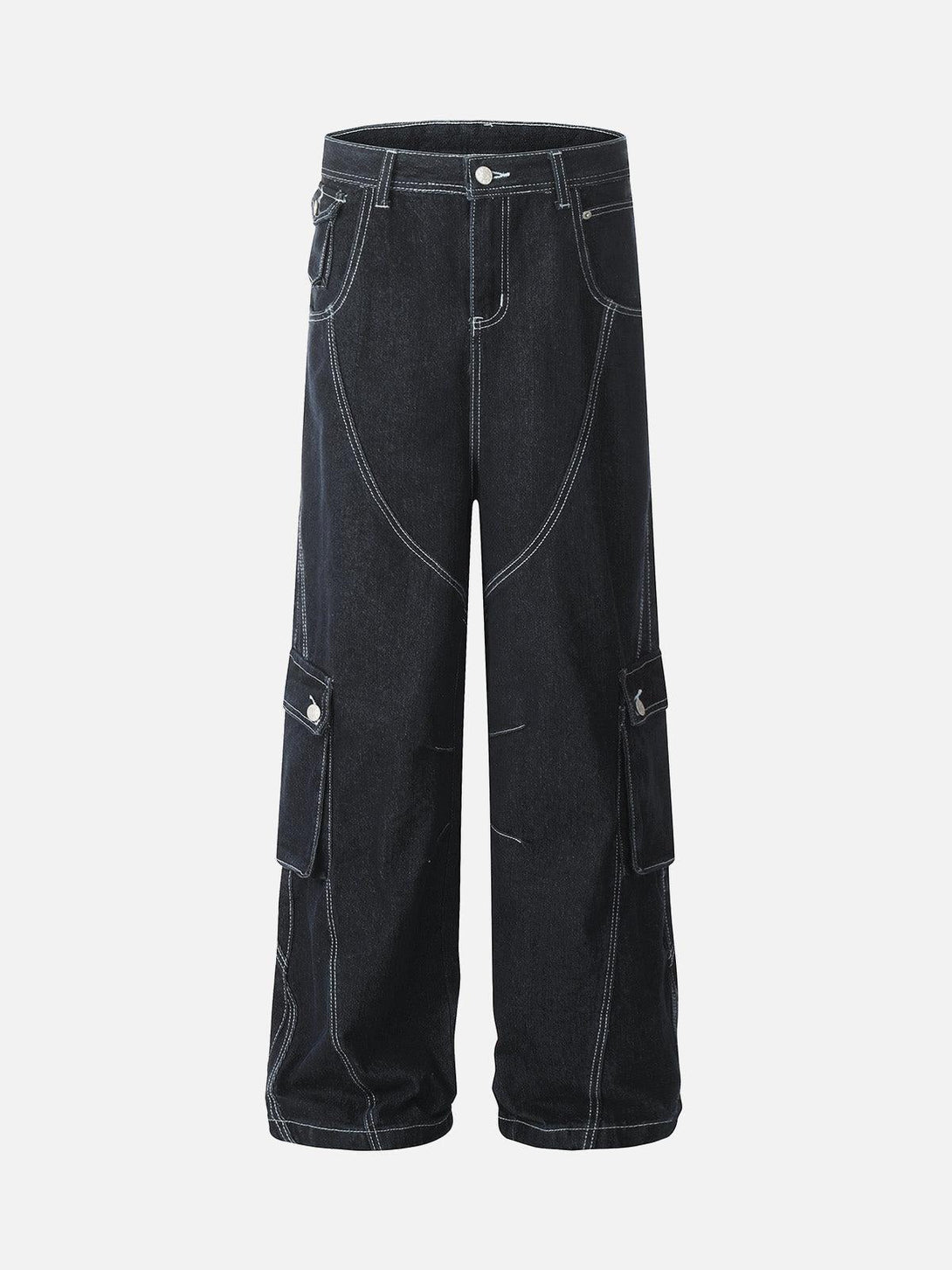 Front view of black deconstructed cargo jeans by TALISHKO, featuring multiple pockets.