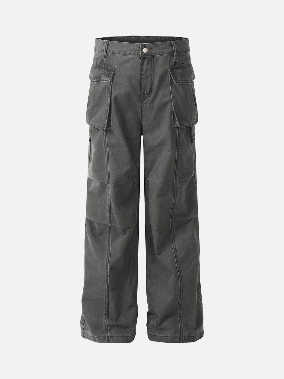 Front view of dark gray deconstructed cargo pants with multiple pockets by TALISHKO.