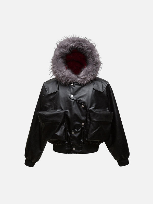 TALISHKO black PU leather jacket with fur hood and multiple pockets, front view.