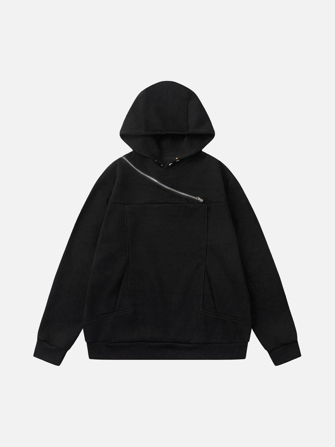 Front view of a black deconstructed hoodie with angular zip detail by TALISHKO, perfect for urban style.