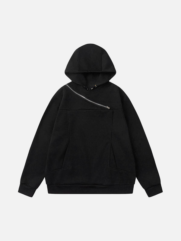 Front view of a black deconstructed hoodie with angular zip detail by TALISHKO, perfect for urban style.