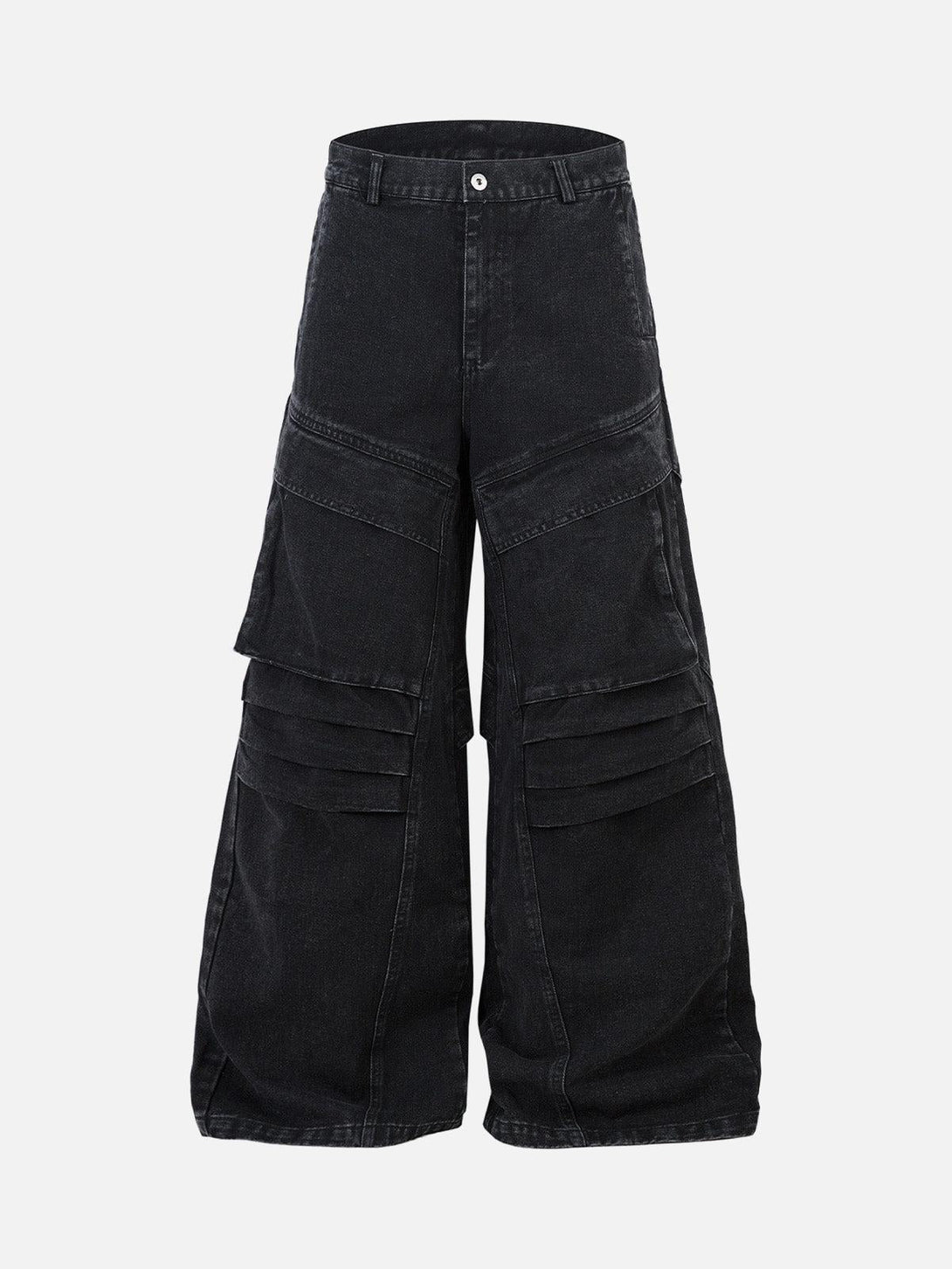 Front view of black deconstructed cargo jeans with pleated pockets by TALISHKO.