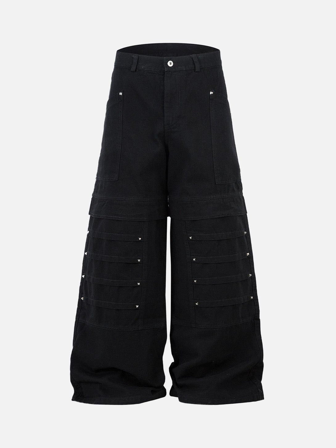 Front view of black deconstructed split rivet cargo jeans by TALISHKO, featuring a bold streetwear style.