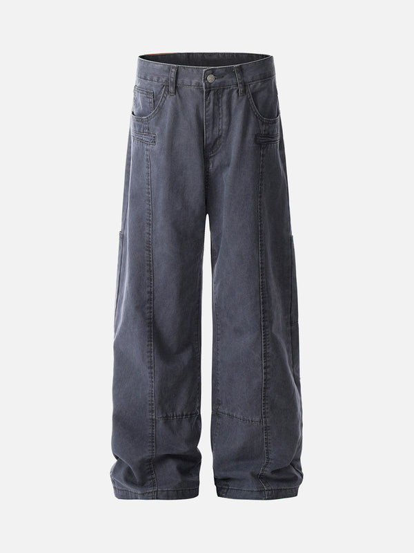 Front view of blue deconstructed split straight leg jeans by TALISHKO, ideal for urban style.