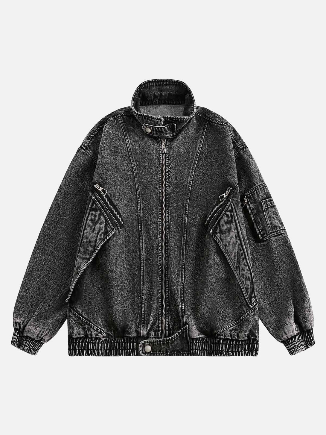 Front view of a black deconstructed stand collar denim jacket by TALISHKO, featuring unique streetwear style.