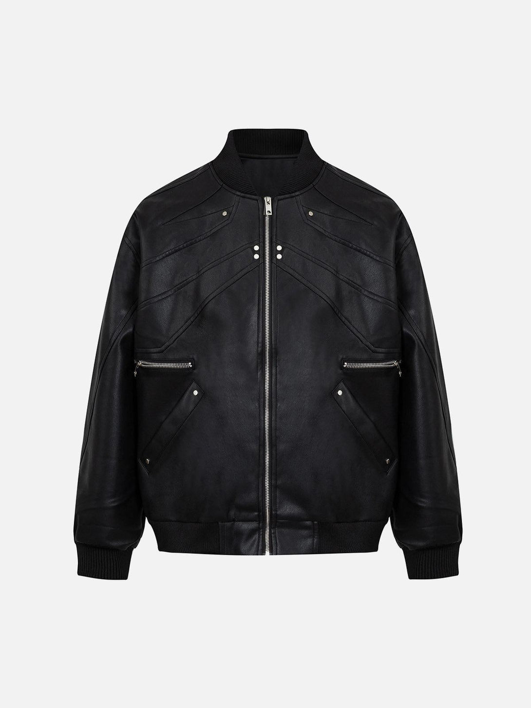 Front view of a black leather bomber jacket by TALISHKO, featuring a deconstructed zip-up design.