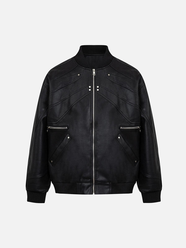Front view of a black leather bomber jacket by TALISHKO, featuring a deconstructed zip-up design.