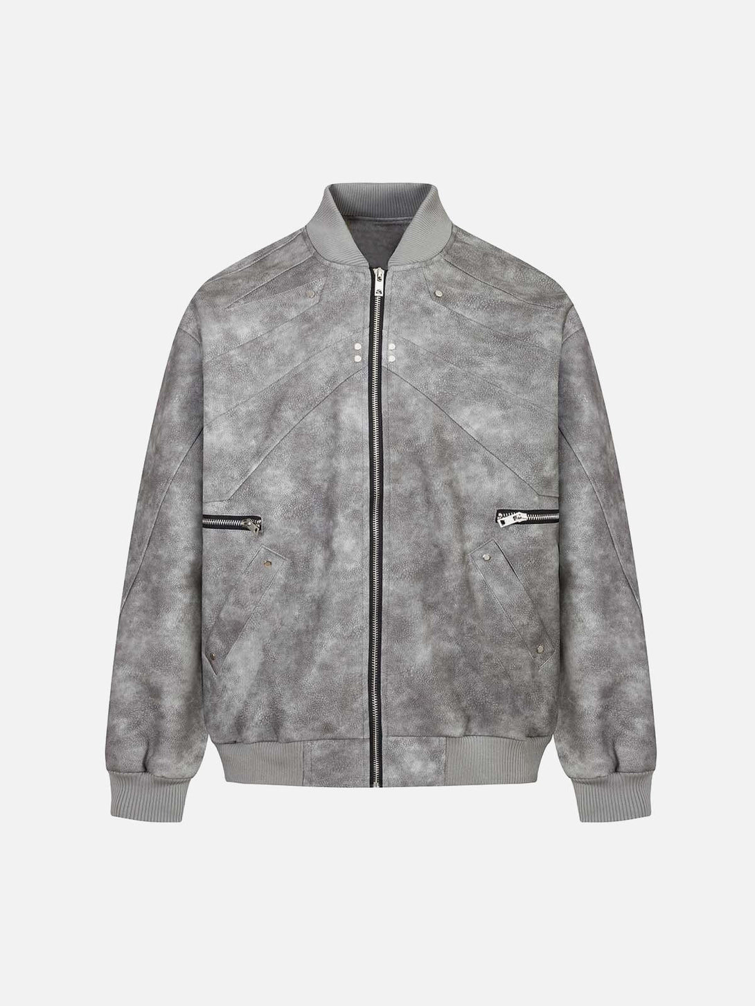 Front view of a gray leather bomber jacket by TALISHKO, featuring a deconstructed zip-up design.