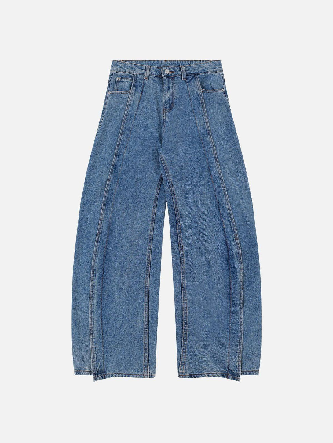 Front view of blue deconstructed loose jeans by TALISHKO, showcasing a unique streetwear style.