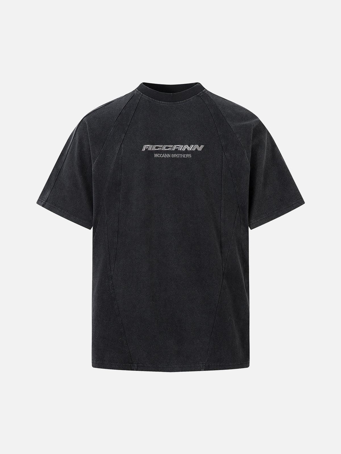 Front view of black deconstructed split T-shirt by TALISHKO, featuring embroidered details.