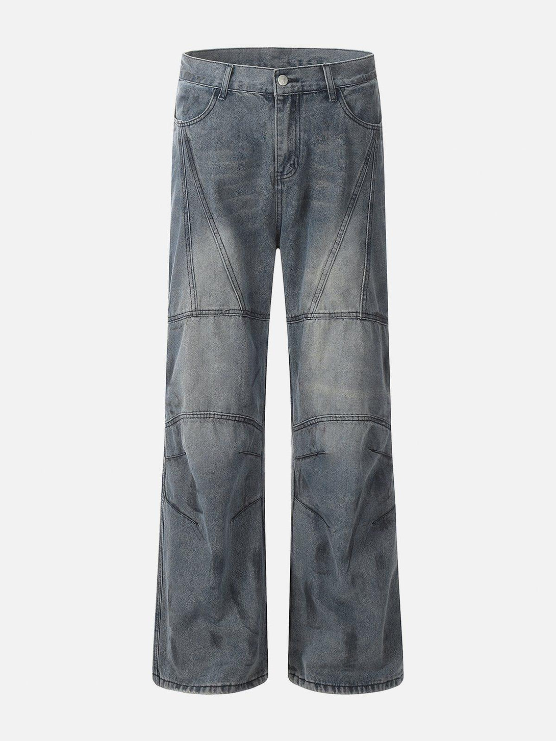 Front view of blue deconstructive design washed jeans by TALISHKO, ideal for urban style.