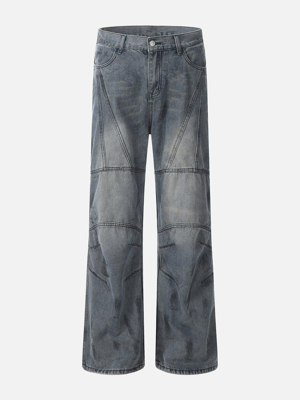 Front view of blue deconstructive design washed jeans by TALISHKO, ideal for urban style.