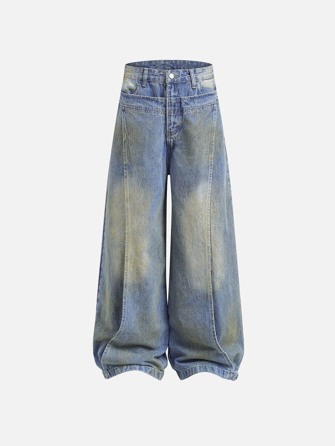 Front view of blue deconstructive patchwork jeans by TALISHKO, featuring a wide-leg design.