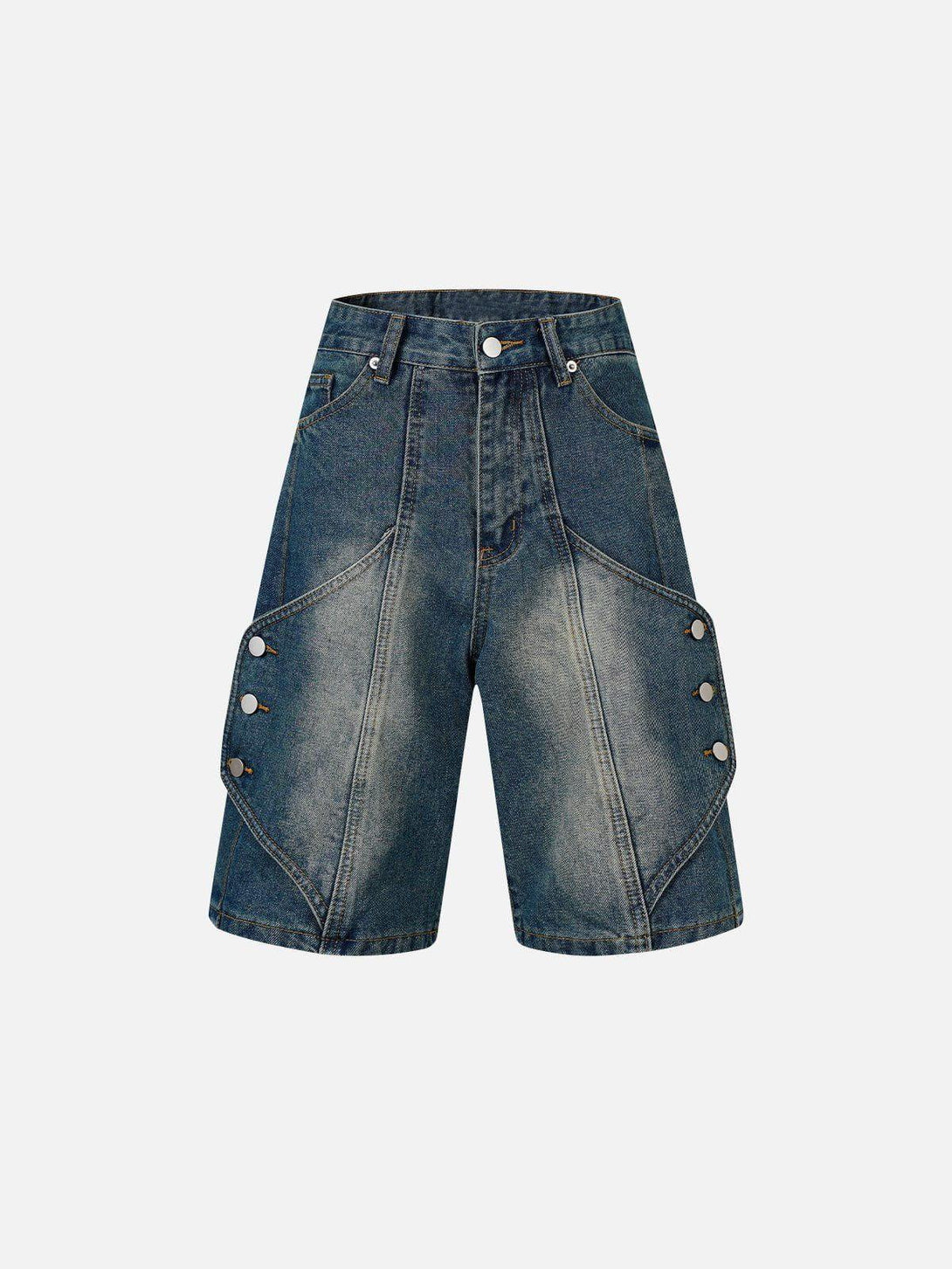 Front view of TALISHKO dark blue deconstructive jorts with distinctive side button accents.