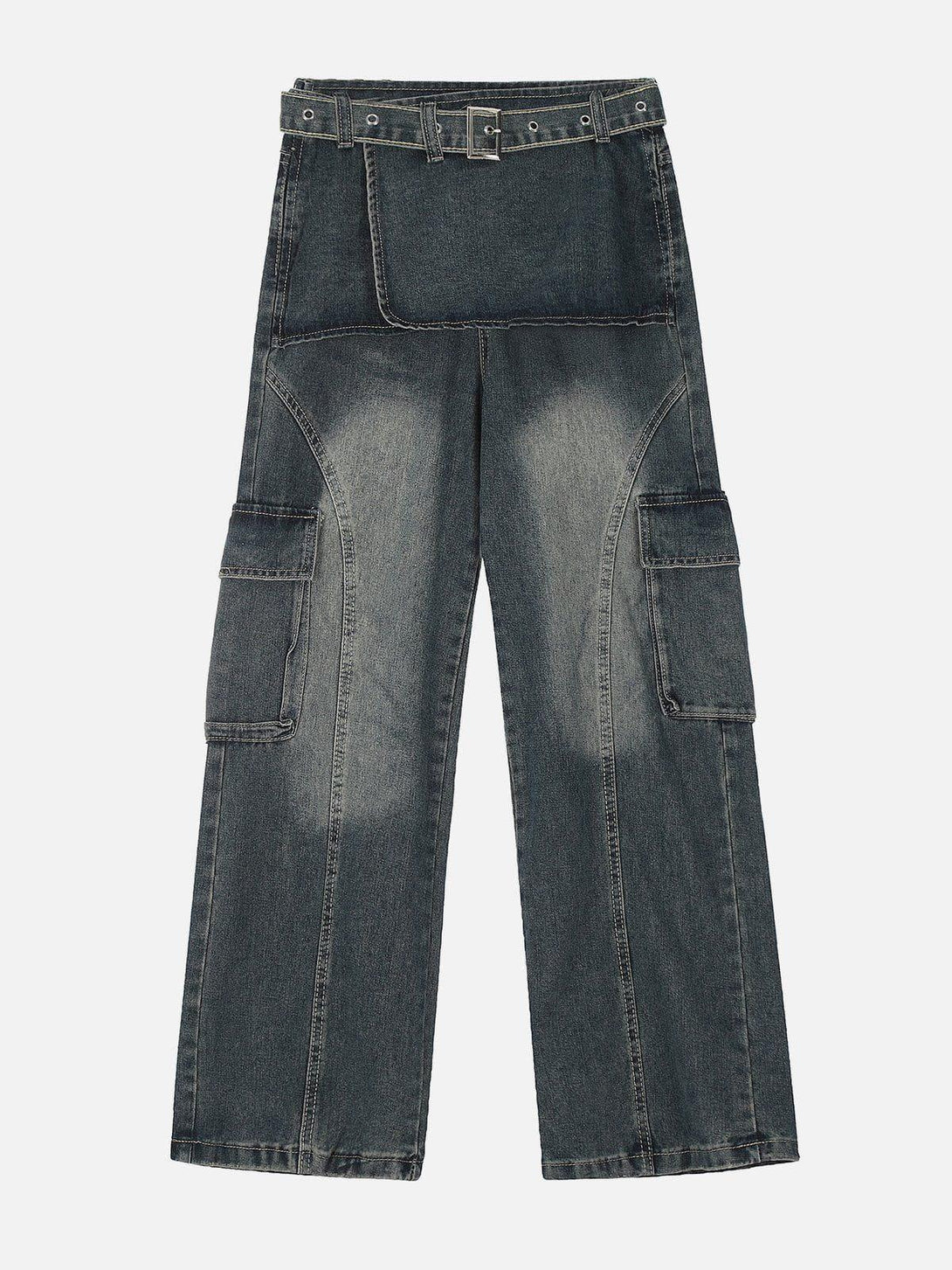 Front view of blue deconstructive washed loose jeans with belt detail by TALISHKO.