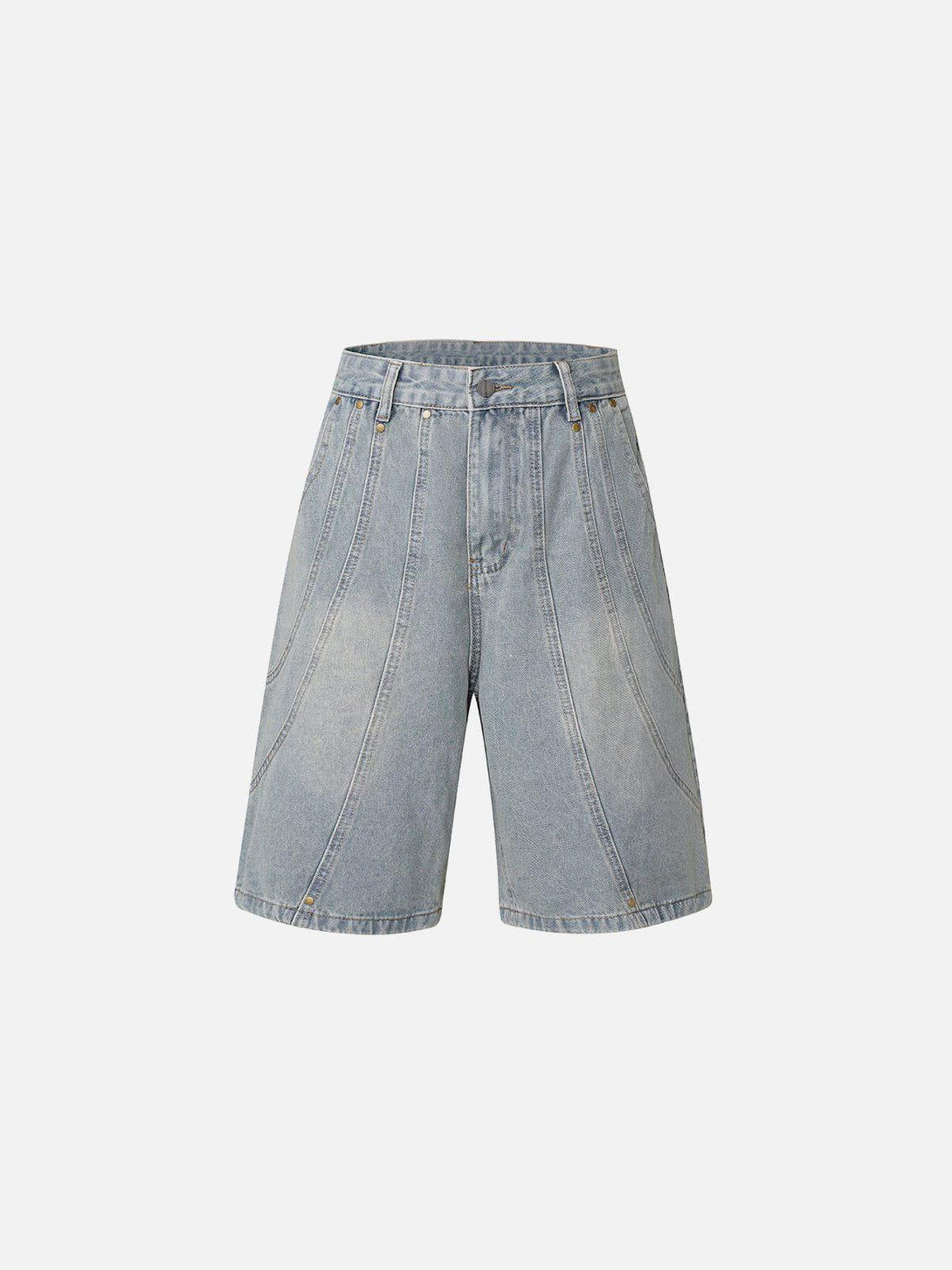 Front view of light blue deconstructive washed jorts by TALISHKO, showcasing unique seams.