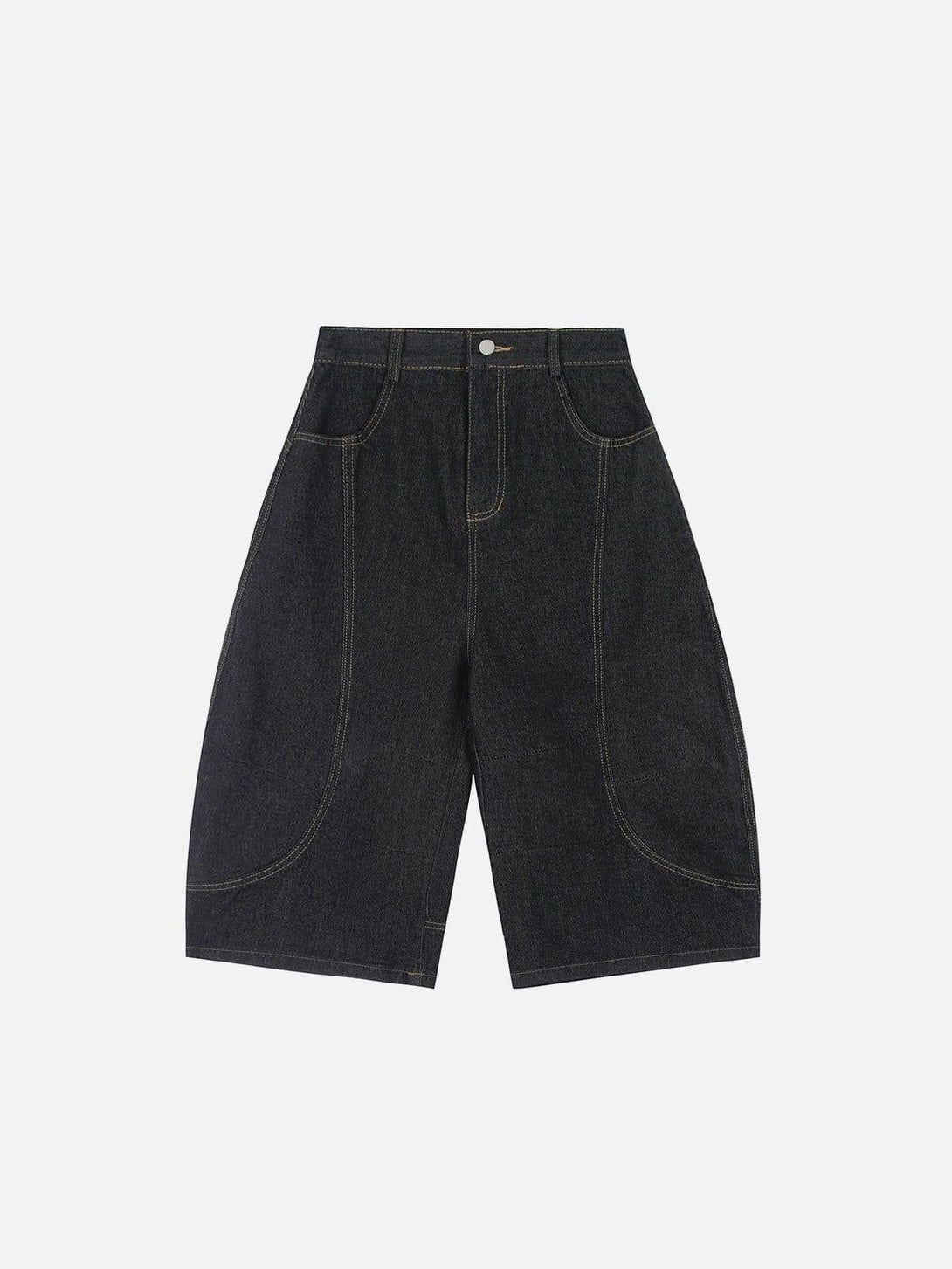 Front view of TALISHKO black longline jorts, highlighting a deconstructive washed design.