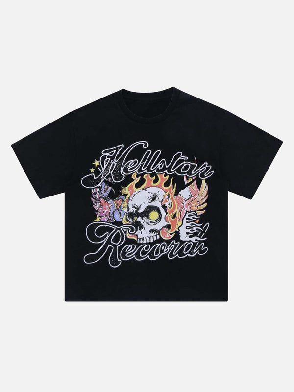Front view of a black Demon Skull Print T-Shirt by TALISHKO, featuring vibrant graphics.