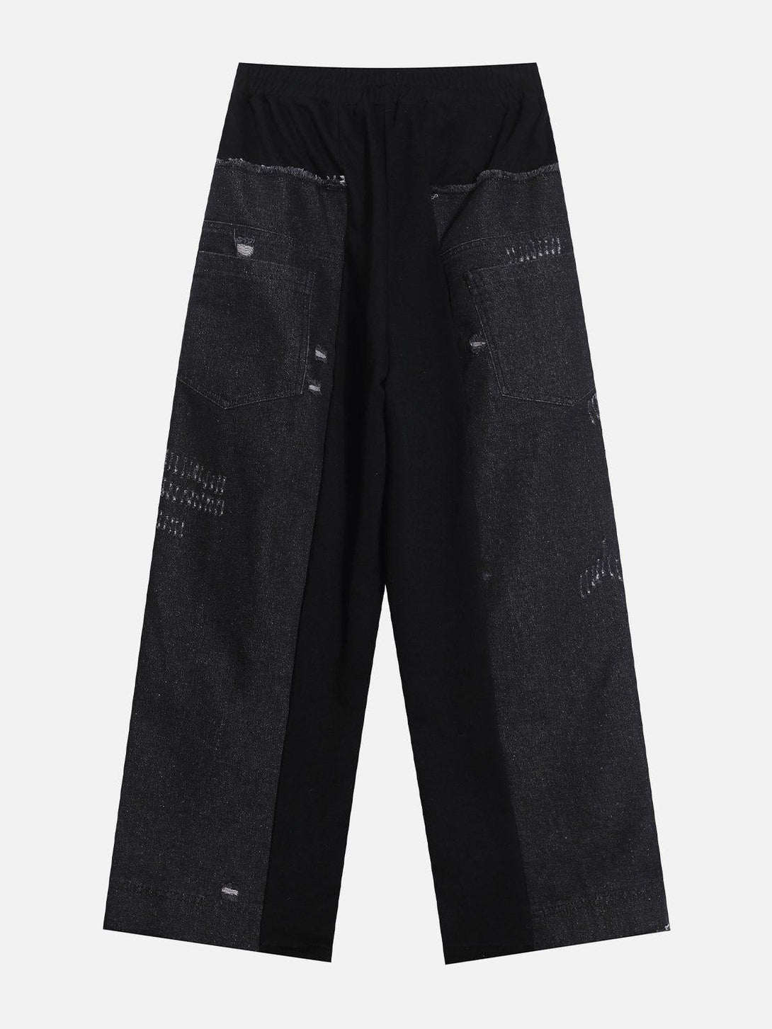 Black denim patchwork sweatpants in a front view, featuring unique detailing by TALISHKO.