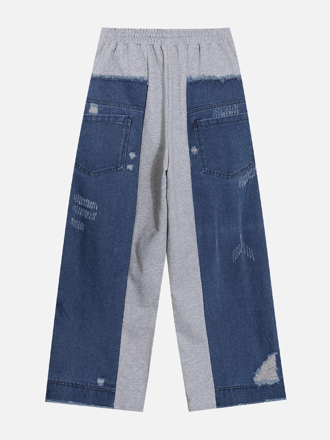 Gray patchwork sweatpants with denim accents in a front view by TALISHKO.