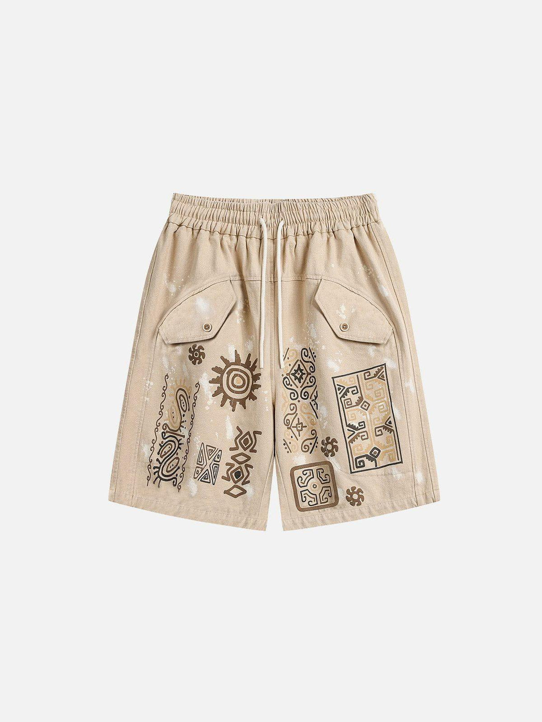 Khaki shorts by TALISHKO featuring unique desert graffiti print on the front, ideal for warm days.