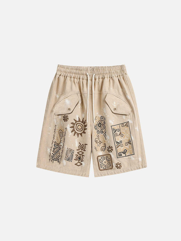 Khaki shorts by TALISHKO featuring unique desert graffiti print on the front, ideal for warm days.