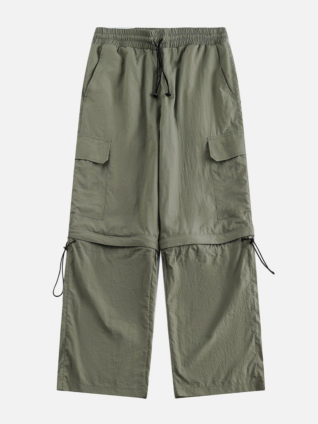 Front view of TALISHKO green detachable sweatpants with cargo pockets and adjustable drawstring.