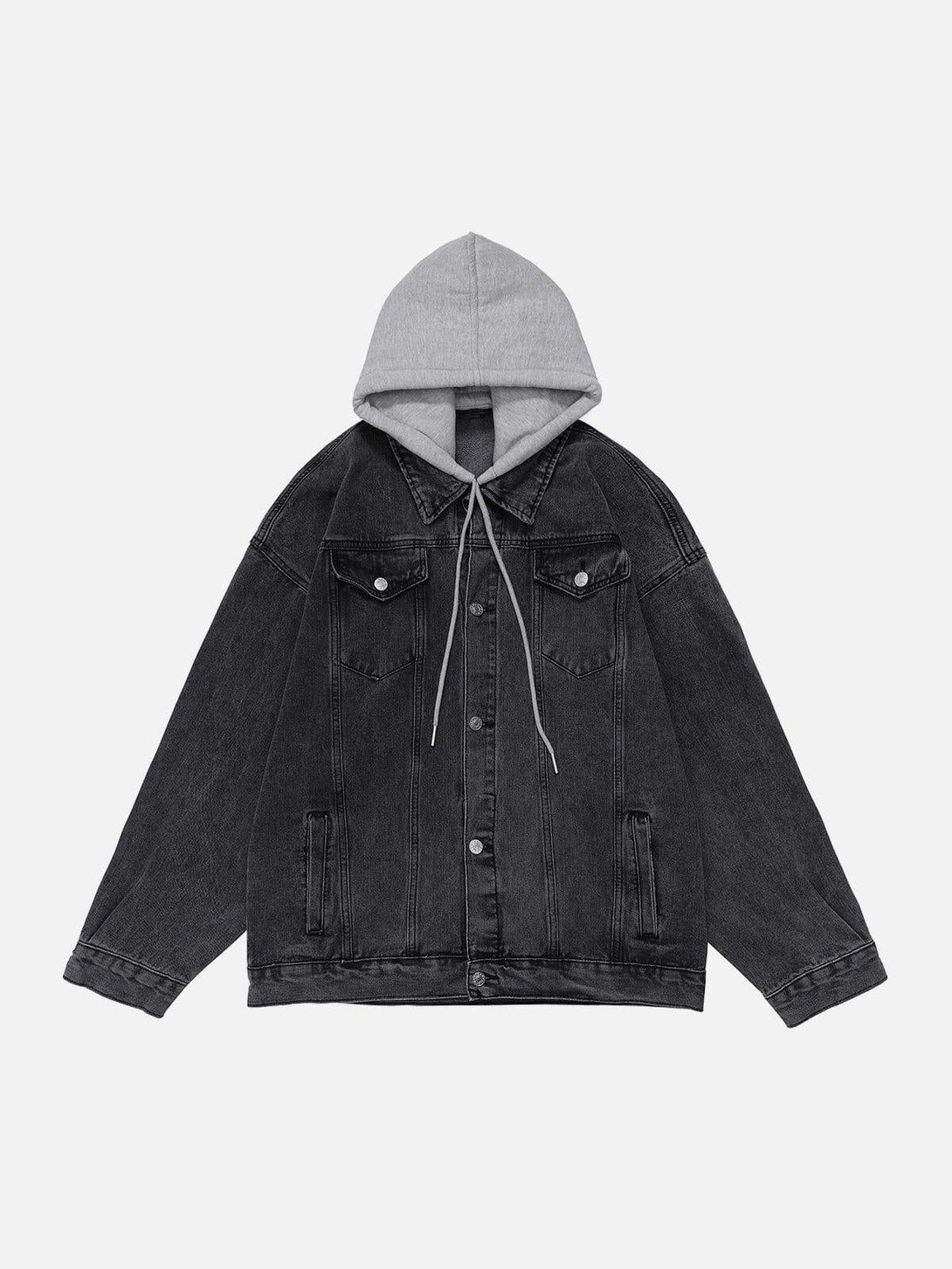 Front view of TALISHKO's black denim jacket with a detachable gray hood, casual vibe.