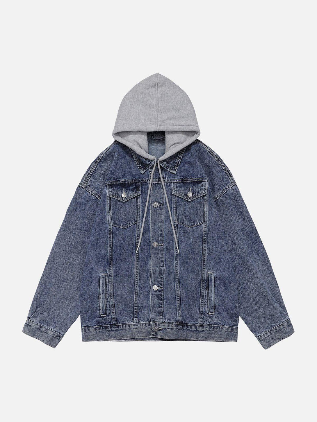 Front view of blue denim jacket with gray detachable hood by TALISHKO, offering a casual vibe.