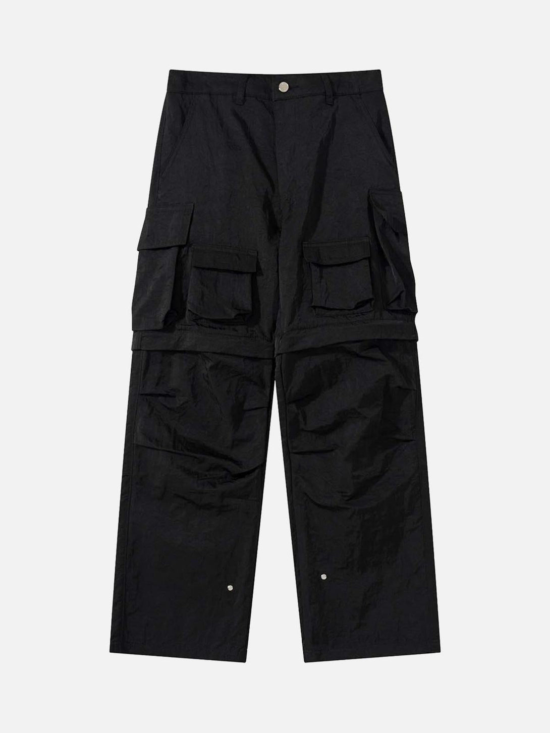 Front view of black detachable multi-pocket work pants by TALISHKO, ideal for urban outfits.