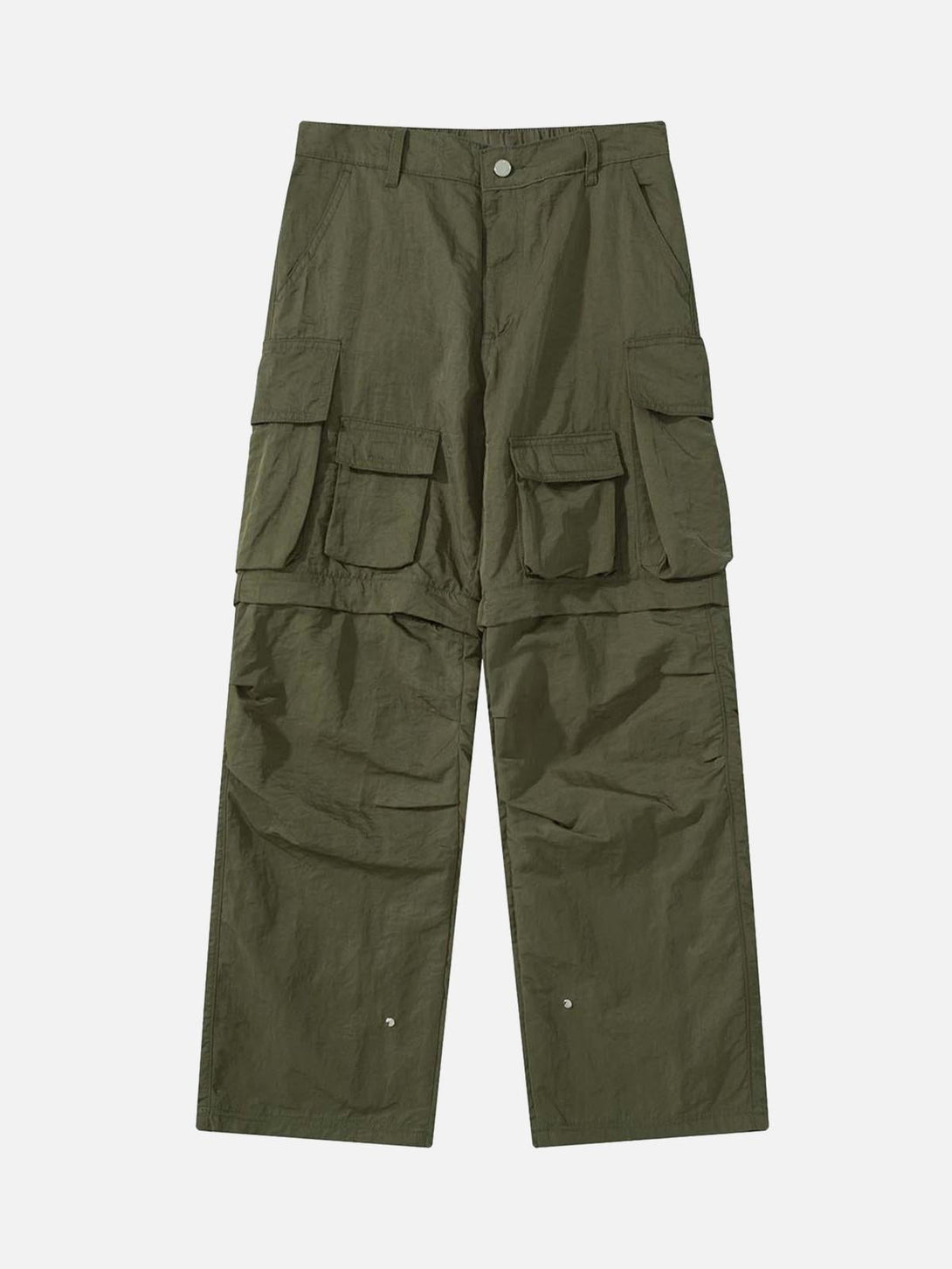 Front view of green detachable multi-pocket work pants by TALISHKO, perfect for versatile style.