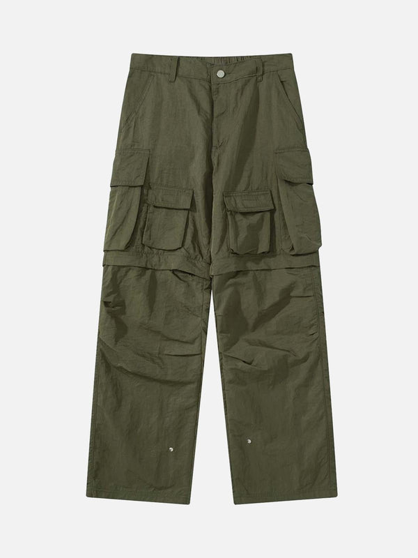 Front view of green detachable multi-pocket work pants by TALISHKO, perfect for versatile style.