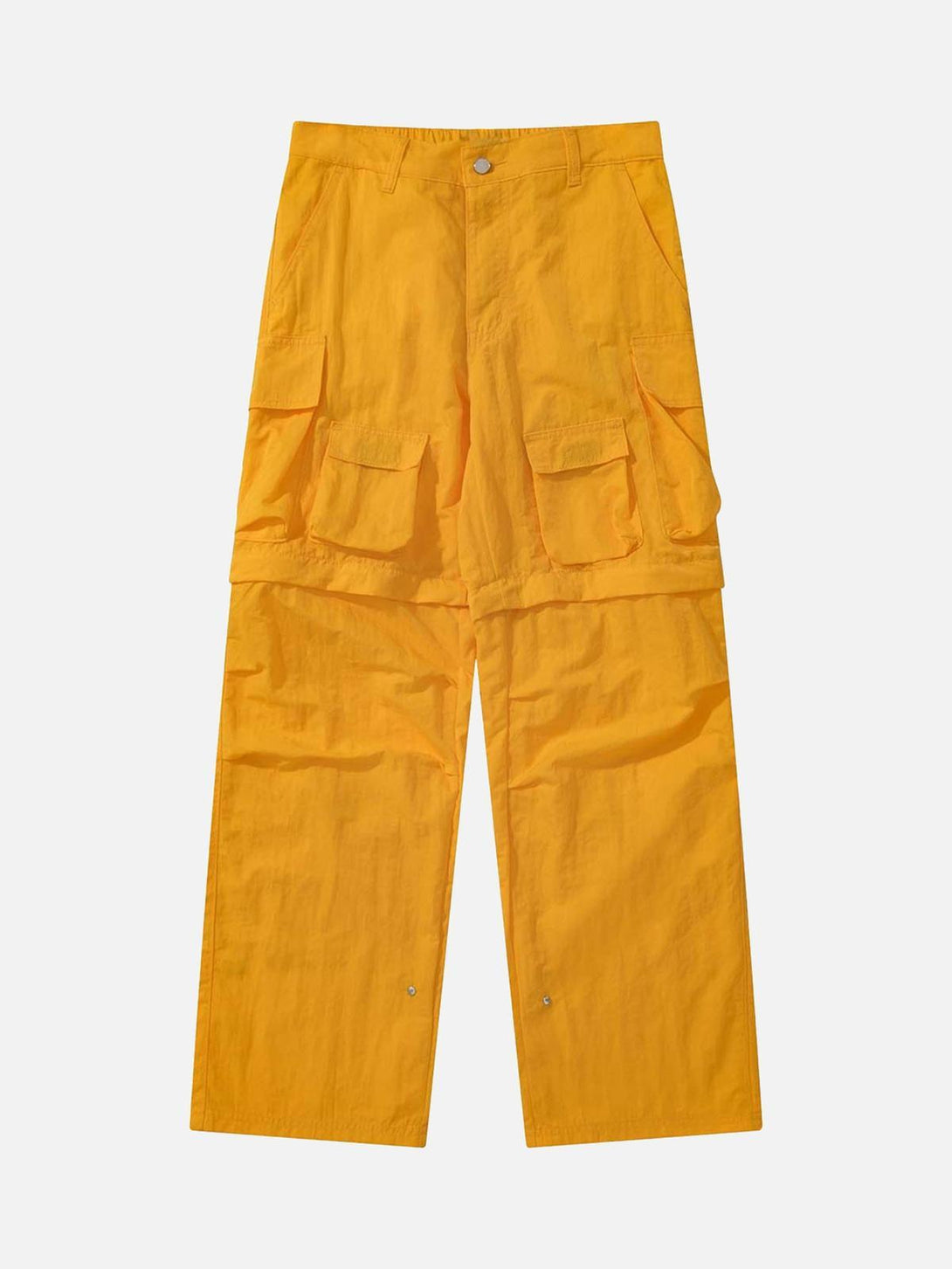 Front view of yellow detachable multi-pocket work pants by TALISHKO, highlighting urban style.
