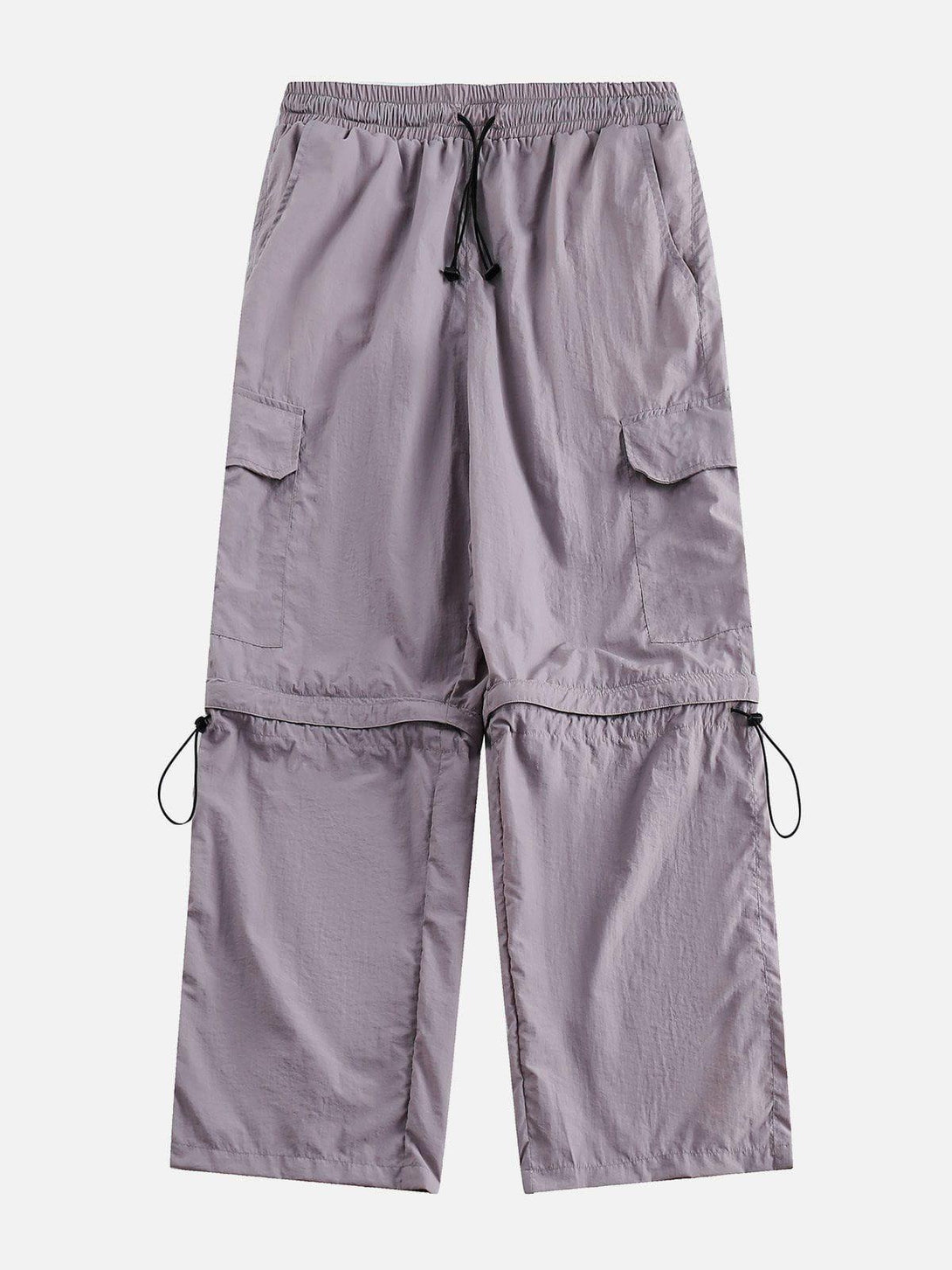 Front view of TALISHKO purple detachable sweatpants, featuring cargo pockets and drawstring waist.