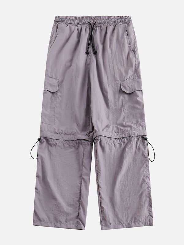 Front view of TALISHKO purple detachable sweatpants, featuring cargo pockets and drawstring waist.