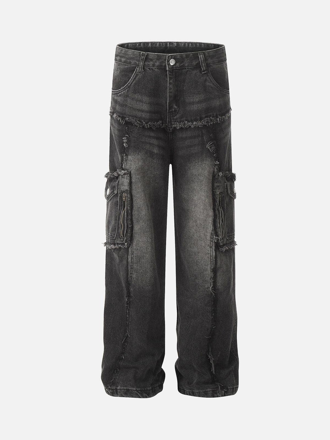 Front view of black distressed cargo jeans by TALISHKO, featuring raw edges and multiple pockets.