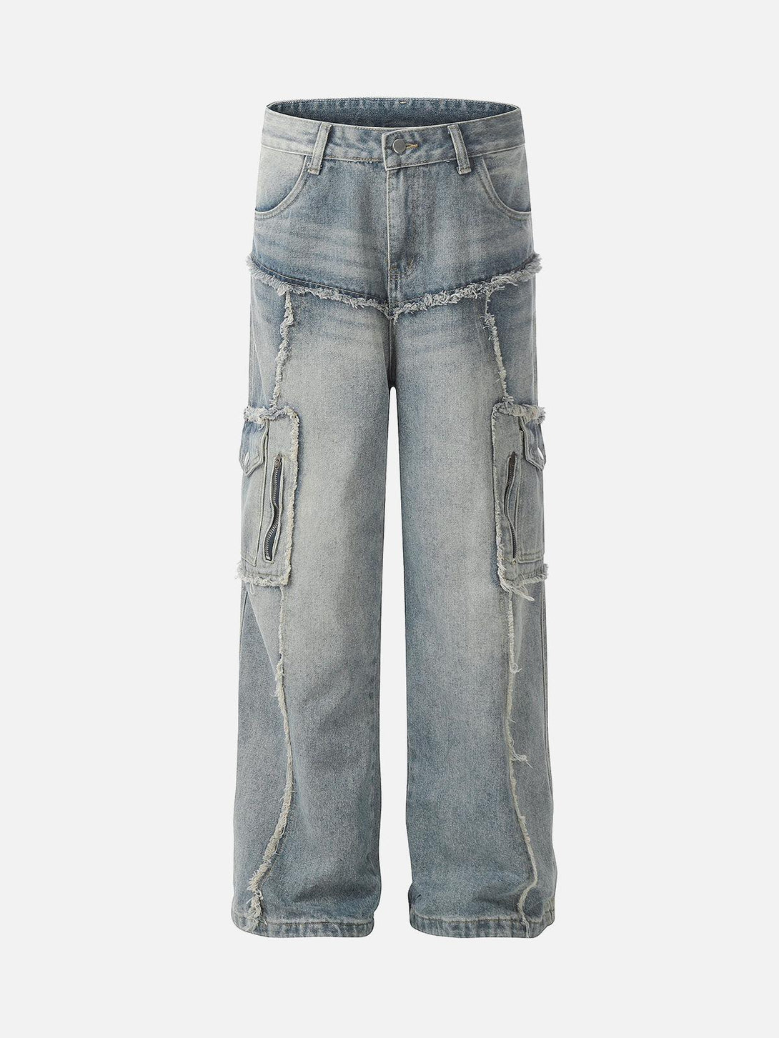 Front view of light blue distressed cargo jeans with raw edges by TALISHKO, featuring multiple pockets.