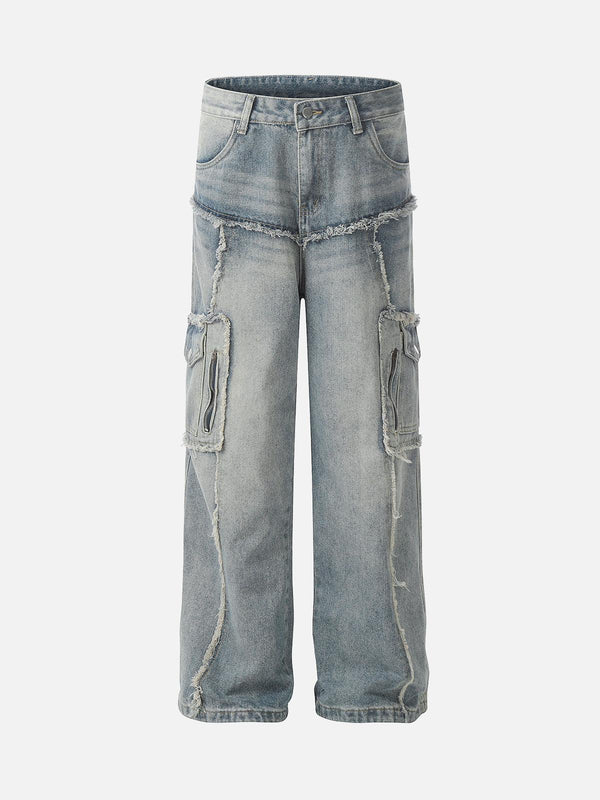 Front view of light blue distressed cargo jeans with raw edges by TALISHKO, featuring multiple pockets.
