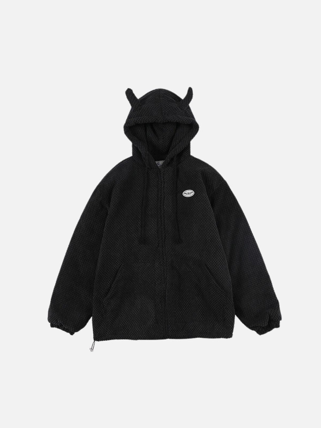 Front view of a black Devil Hood Jacket by TALISHKO, featuring playful horn details.