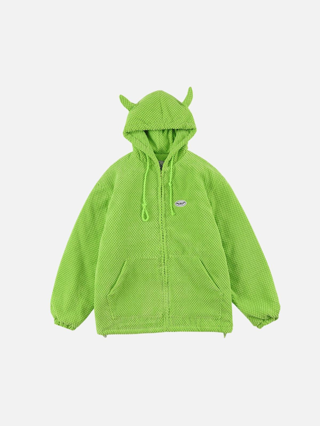 Front view of a green Devil Hood Jacket by TALISHKO, featuring playful horn details.