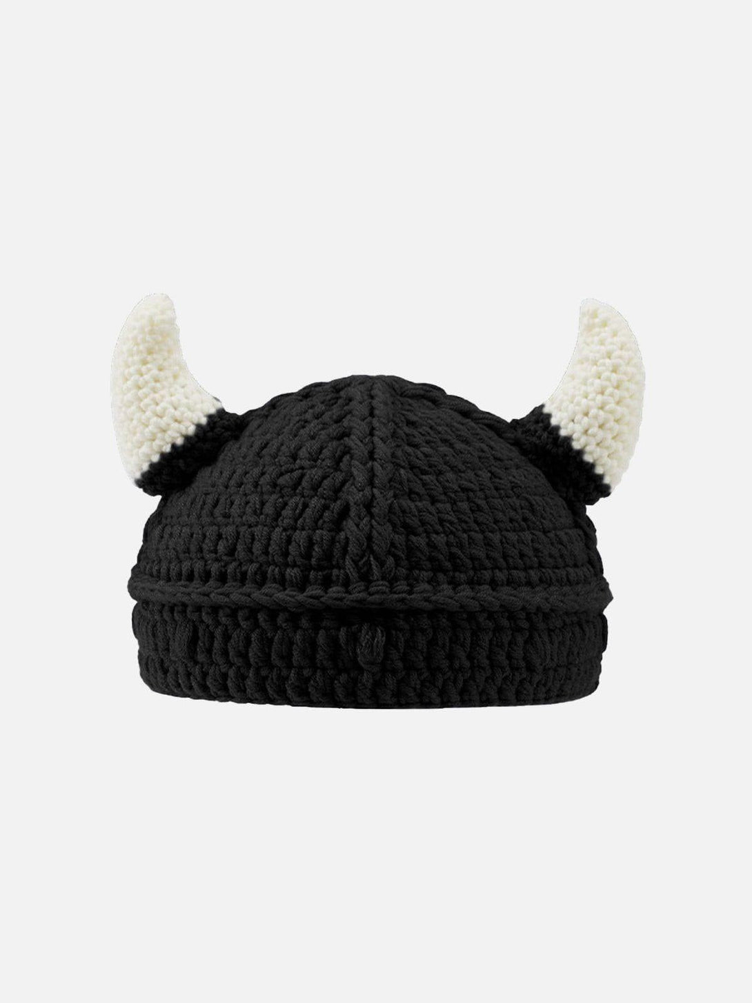 Front view of a black knitted hat with horns, adding a playful touch to streetwear by TALISHKO.